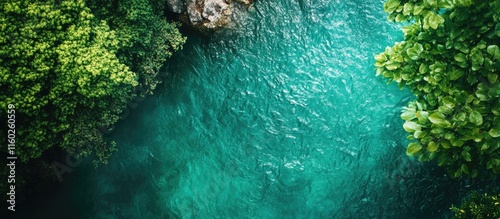 Emerald green water surrounded by lush foliage showcasing nature's beauty with ample space for text overlay