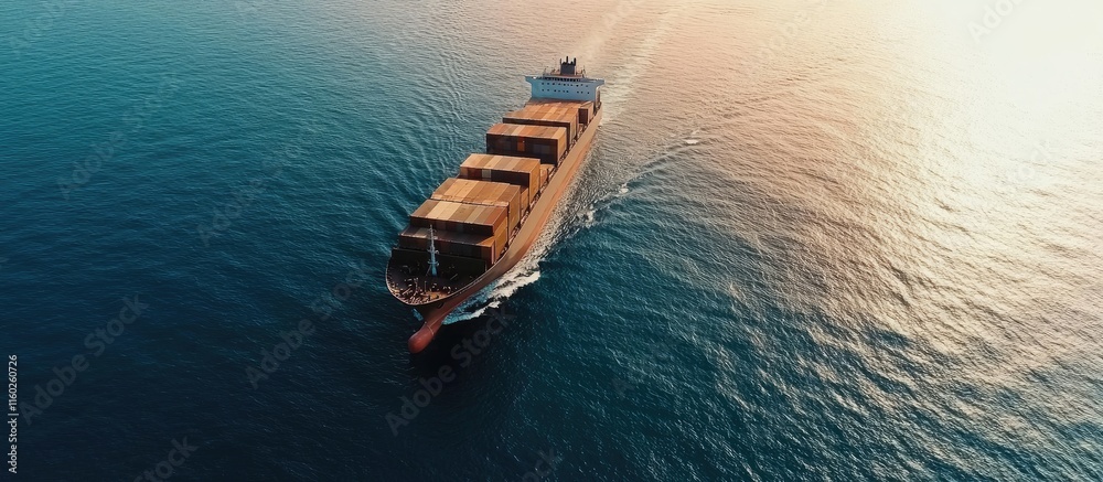 Cargo ship navigating the tranquil ocean waters with ample empty space for text or branding on the sky and sea background