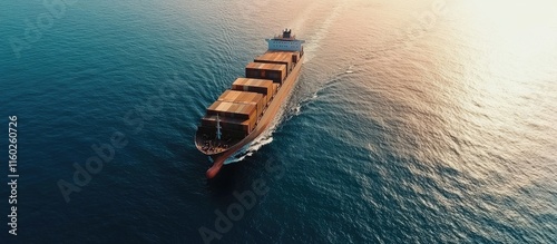 Cargo ship navigating the tranquil ocean waters with ample empty space for text or branding on the sky and sea background photo