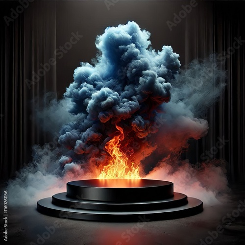 A podium display burning with flames, burning in the fire, and smoke rising in the dark background photo