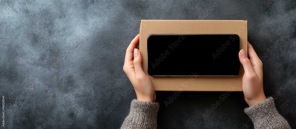 Hands holding a cardboard box with a new smartphone on a textured background for unboxing and product presentation concepts Hands holding a cardboard box with a new smartphone on a textured background for unboxing and product presentation concepts