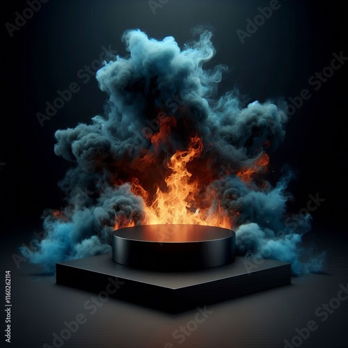 A podium display burning with flames, burning in the fire, and dark white blue smoke rising on the black background