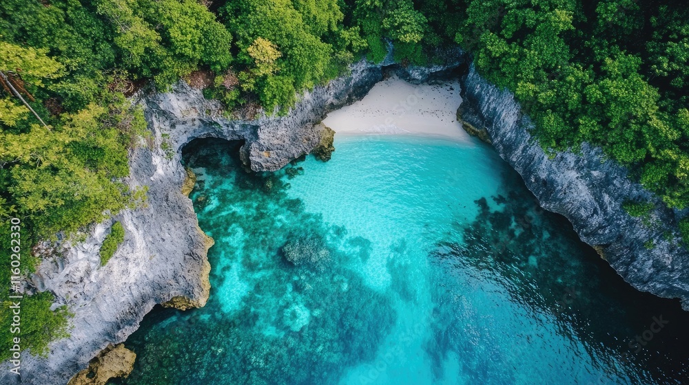Serene tropical beach cove framed by lush greenery and crystal clear turquoise waters inviting relaxation and tranquility Serene tropical beach cove framed by lush greenery and crystal clear turquoise waters inviting relaxation and tranquility