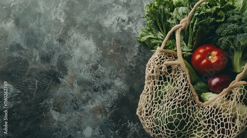 String bag overflowing with fresh vegetables on textured slate background promoting healthy eating and vibrant lifestyle choices photo