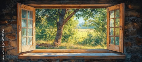 Obraz na płótnie Serene countryside view from an open window with wooden frames inviting nature indoors and providing a peaceful atmosphere for relaxation w salonie