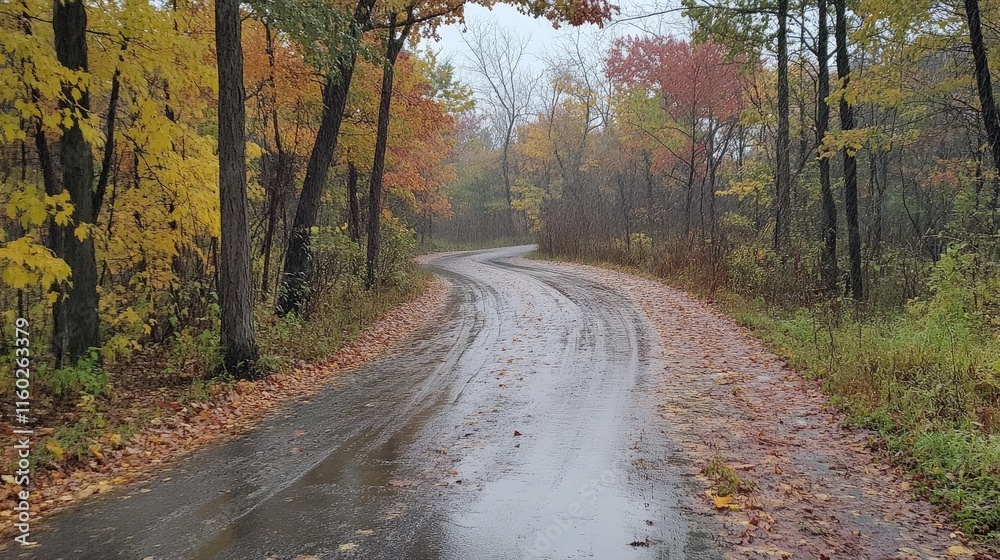 Fototapeta premium Serene winding road during a rainy autumn day with colorful fall foliage and reflections on wet pavement in a tranquil natural setting