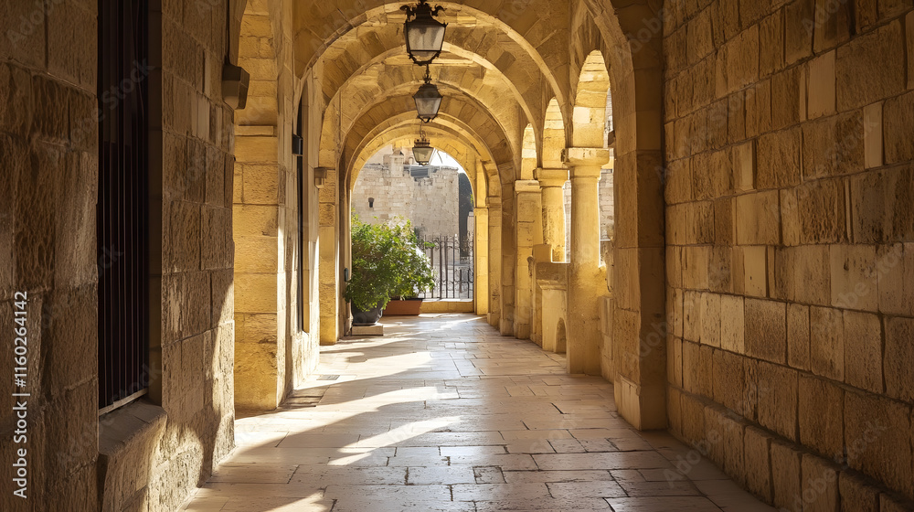 Obraz premium Charming Arched Stone Corridor Bathed in Sunlight Offering a Serene Escape : Generative AI