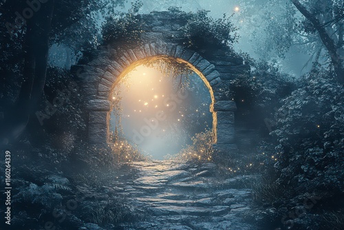 Mysterious Ancient Archway in Misty Forest