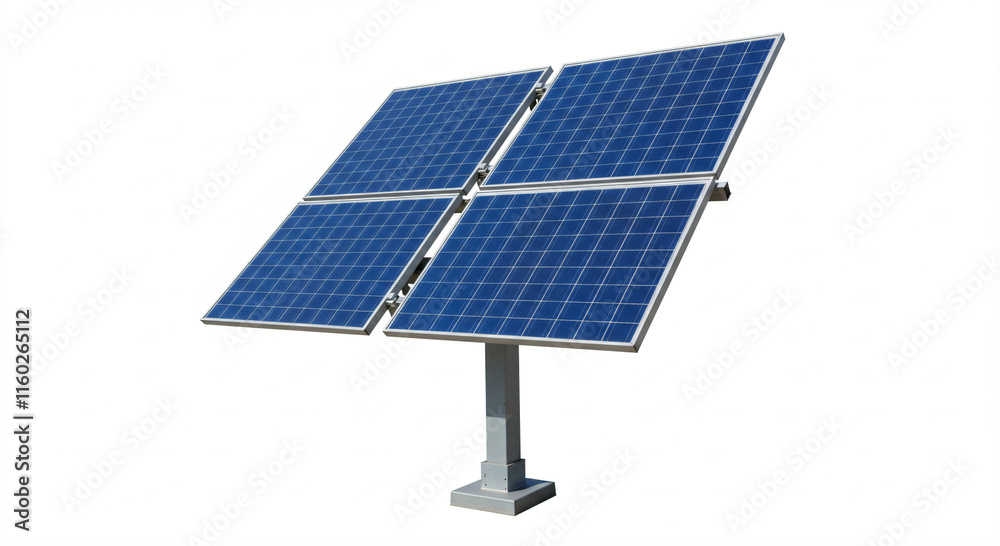 Four solar panels mounted on a single metal pole. Four solar panels mounted on a single metal pole.