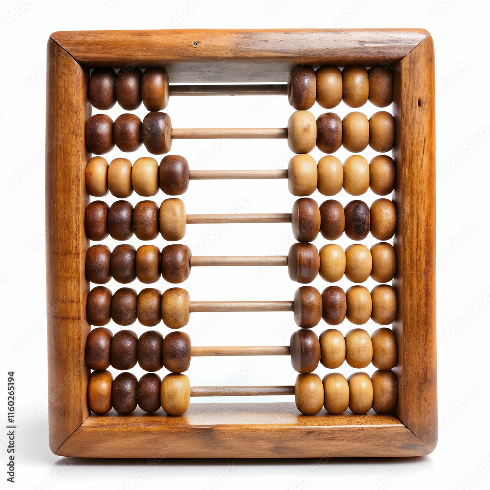 An old wooden abacus with colorful beads, set against a white background, ideal for historical, educational, An old wooden abacus with colorful beads, set against a white background, ideal for historical, educational,