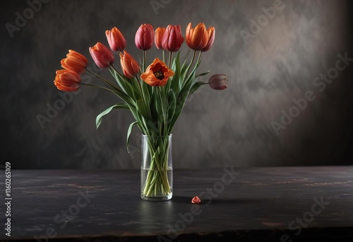 Dried-out tulips with bent stems on a dark table, bending, macabre, lifeless