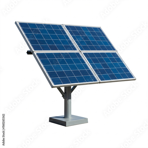 Freestanding solar panel setup with four rectangular panels on a pole stand. photo