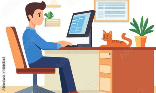 Home Office Productivity with Computer and Cat in Minimalist Flat Vector Style