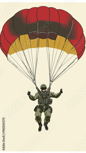 Airborne Soldier Parachute Jumping Vector Illustration in Flat Minimalist Style for Adventure and Military Concepts