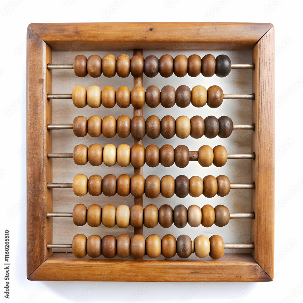 An old wooden abacus with colorful beads, set against a white background, ideal for historical, educational, An old wooden abacus with colorful beads, set against a white background, ideal for historical, educational,