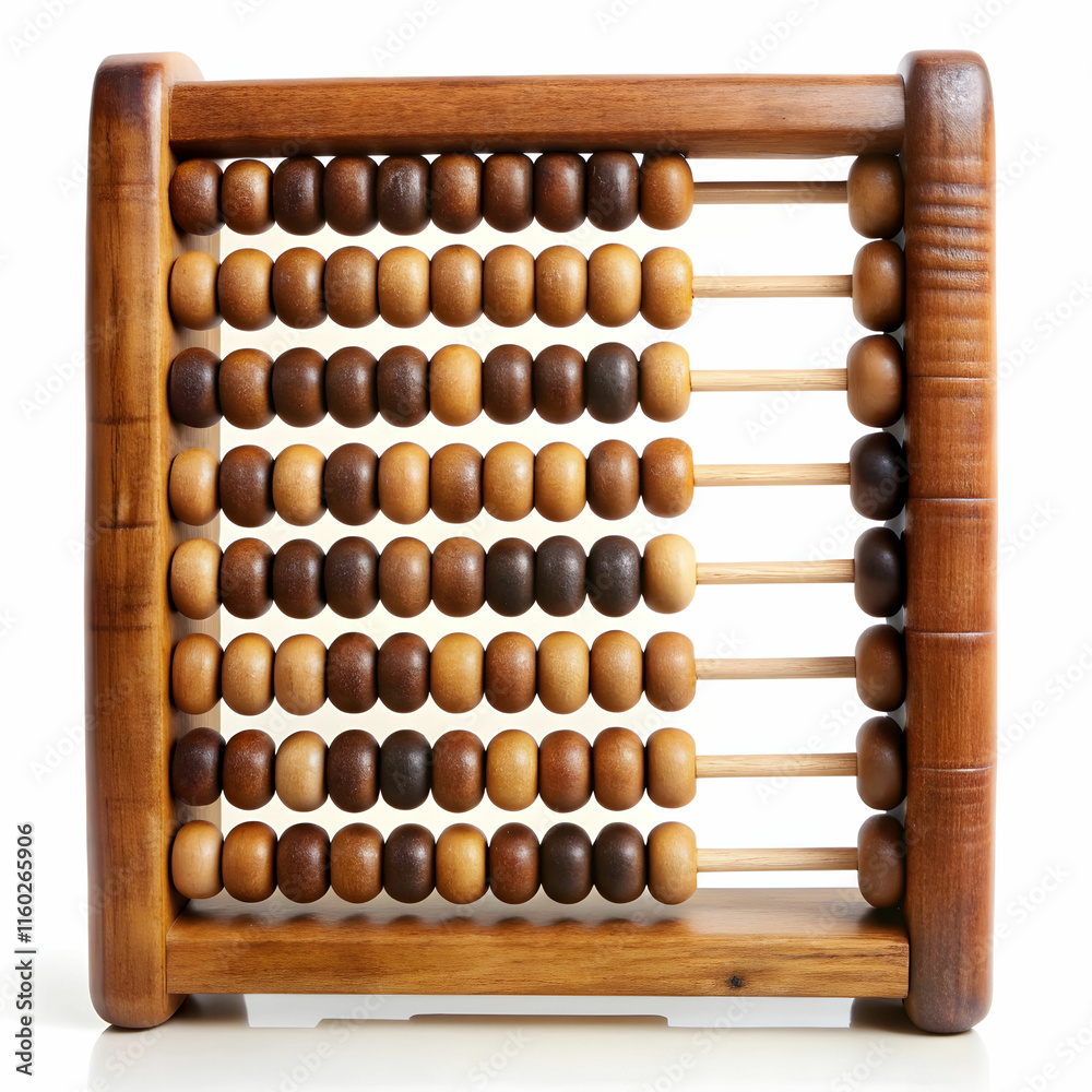 An old wooden abacus with colorful beads, set against a white background, ideal for historical, educational, An old wooden abacus with colorful beads, set against a white background, ideal for historical, educational,