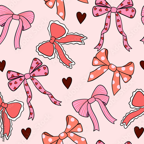 Cute doodle ribbon bow for Valentine background seamless pattern.