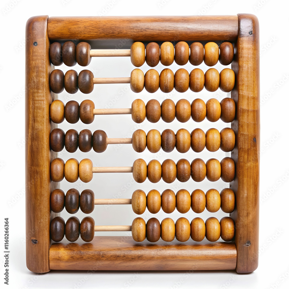 An old wooden abacus with colorful beads, set against a white background, ideal for historical, educational, An old wooden abacus with colorful beads, set against a white background, ideal for historical, educational,