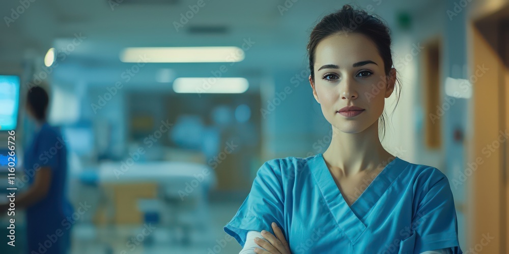 Naklejka premium An attractive nurse standing at a hospital station, looking confident and ready to help.