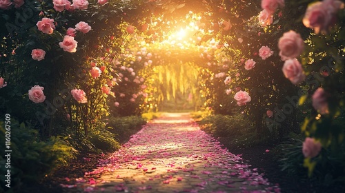 Sunlit path through blooming rose arches creates tranquil, encha photo