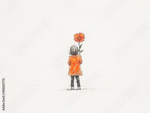 Child offering flower to stranger afternoon setting illustrative artwork soft environment heartwarming gesture