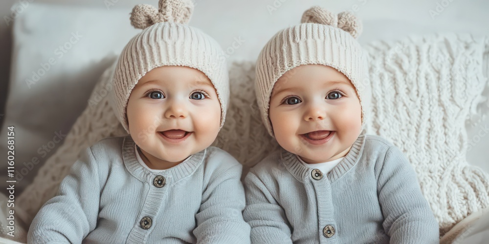 Two attractive twins smiling at the camera, dressed in coordinated outfits. Two attractive twins smiling at the camera, dressed in coordinated outfits.