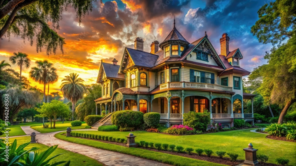 Fototapeta premium Capture Florida's architectural heritage with panoramic photos: antebellum mansions, colonial gems, Spanish villas, and historic preservation efforts.