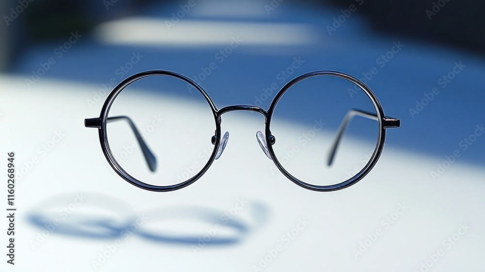 Black round glasses, clear lenses, blurred background. Black round glasses, clear lenses, blurred background.