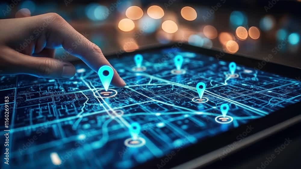 A hand touching an interactive tablet map with glowing city streets and location pins, emphasizing real time traffic updates, navigation, and digital road tracking