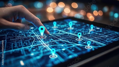 A hand touching an interactive tablet map with glowing city streets and location pins, emphasizing real time traffic updates, navigation, and digital road tracking