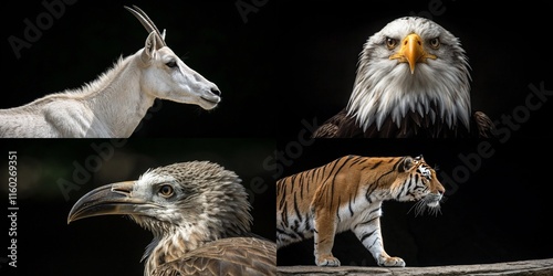 A dynamic collage showcasing a goat, eagle, tiger, and vulture in striking detail. photo