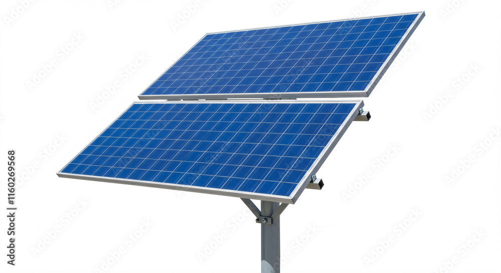 Two rectangular solar panels on a metal pole against a white background. Two rectangular solar panels on a metal pole against a white background.