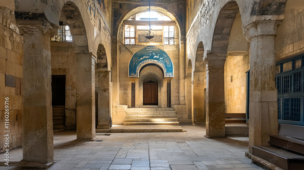 Ancient Stone Courtyard with Arched Doorways and Sunlit Atmosphere : Generative AI Ancient Stone Courtyard with Arched Doorways and Sunlit Atmosphere : Generative AI