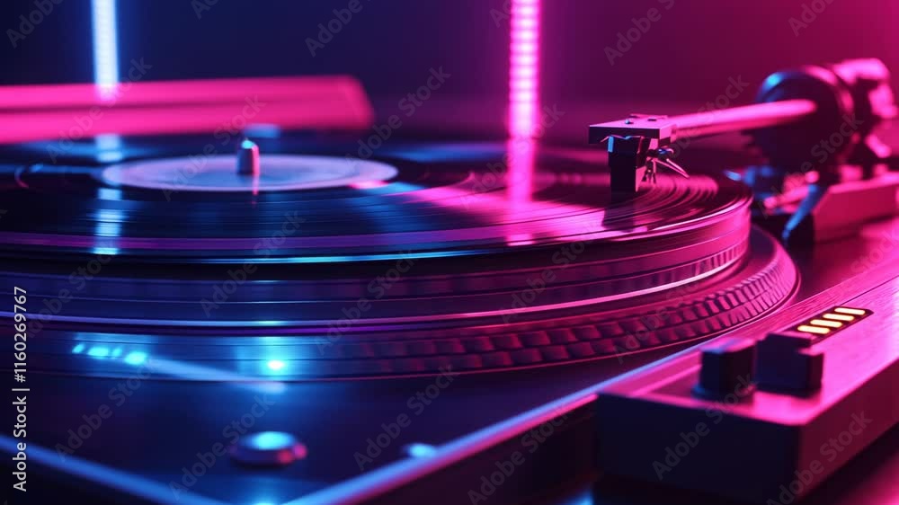 Close up of turntable with vinyl record, pink and blue lighting, high resolution photography, insanely detailed, fine details, stock photo, professional color grading, hyper realistic, 