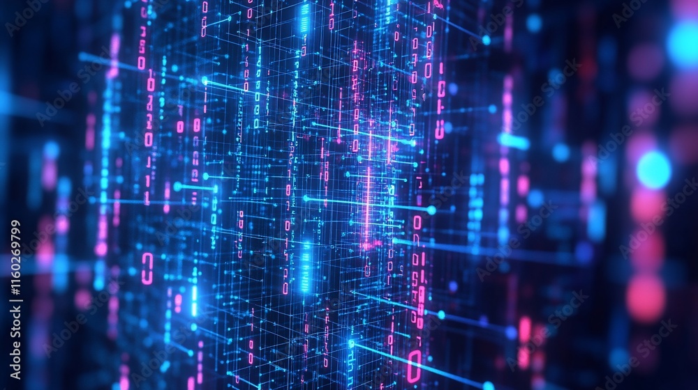 Abstract digital data stream, glowing binary code matrix. Abstract digital data stream, glowing binary code matrix.