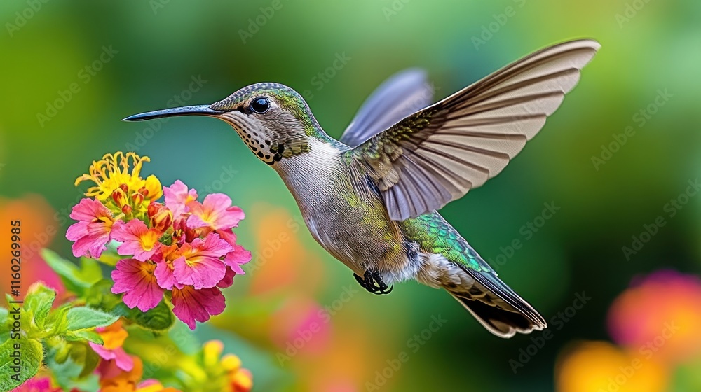 Fototapeta premium A hummingbird hovering near vibrant flowers in a colorful garden setting.