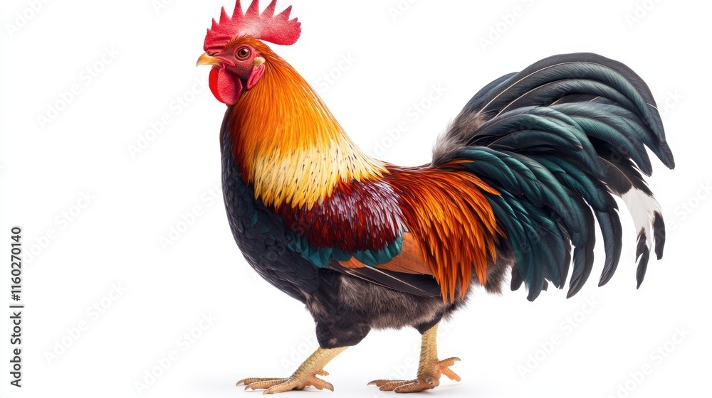 Fototapeta premium Rooster with Vibrant Plumage Standing on White Background