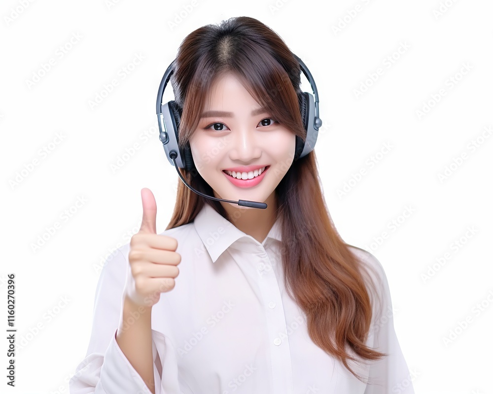Portrait of beautiful young asian female customer service representative in headset thumb and looking at camera smiling while isolated on white background Generative AI Portrait of beautiful young asian female customer service representative in headset thumb and looking at camera smiling while isolated on white background Generative AI