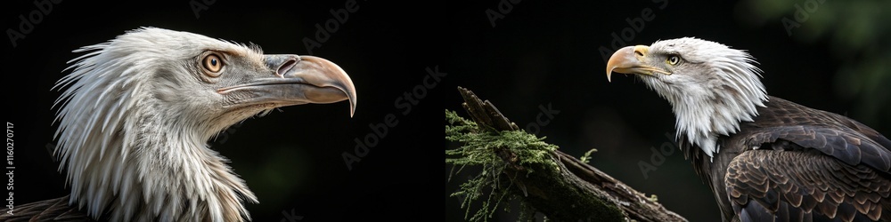 Dramatic portraits of two powerful eagles, showcasing their fierce expressions and intricate details. Dramatic portraits of two powerful eagles, showcasing their fierce expressions and intricate details.