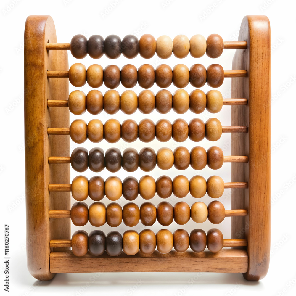 An old wooden abacus with colorful beads, set against a white background, ideal for historical, educational, An old wooden abacus with colorful beads, set against a white background, ideal for historical, educational,