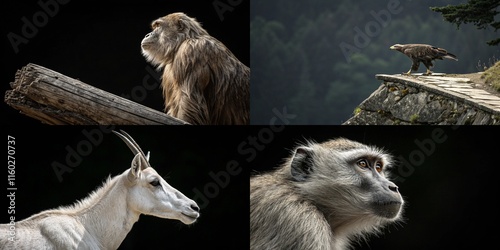 A thoughtful monkey, eagle, goat, and another monkey captured in a stunning wildlife collage against a dark backdrop. photo