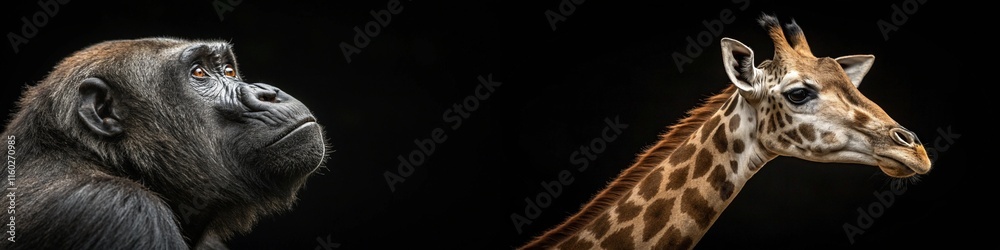 A striking image showcasing a gorilla and a giraffe in profile against a dark background. A striking image showcasing a gorilla and a giraffe in profile against a dark background.