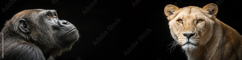 Fototapeta premium A powerful image of a gorilla and a lioness, capturing their intense gazes and majestic presence.