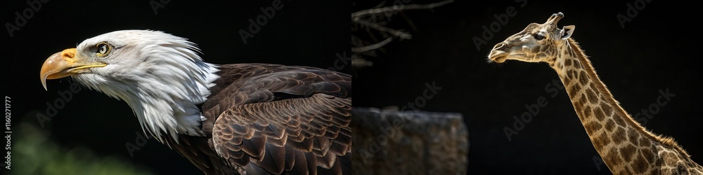 Obraz premium Stunning imagery featuring a bald eagle and a graceful giraffe in profile view.