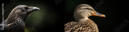 A close-up view of a raven and a duck, highlighting their distinct features and textures. photo