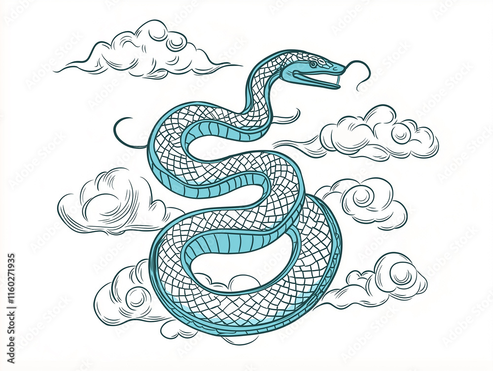 Obraz premium Snake illustration suitable for New Year's card in 2025, blue snake, Chinese zodiac, 12 zodiac, Year of the snake, New Year's card, Season's card, blue snake, Korea, Japan