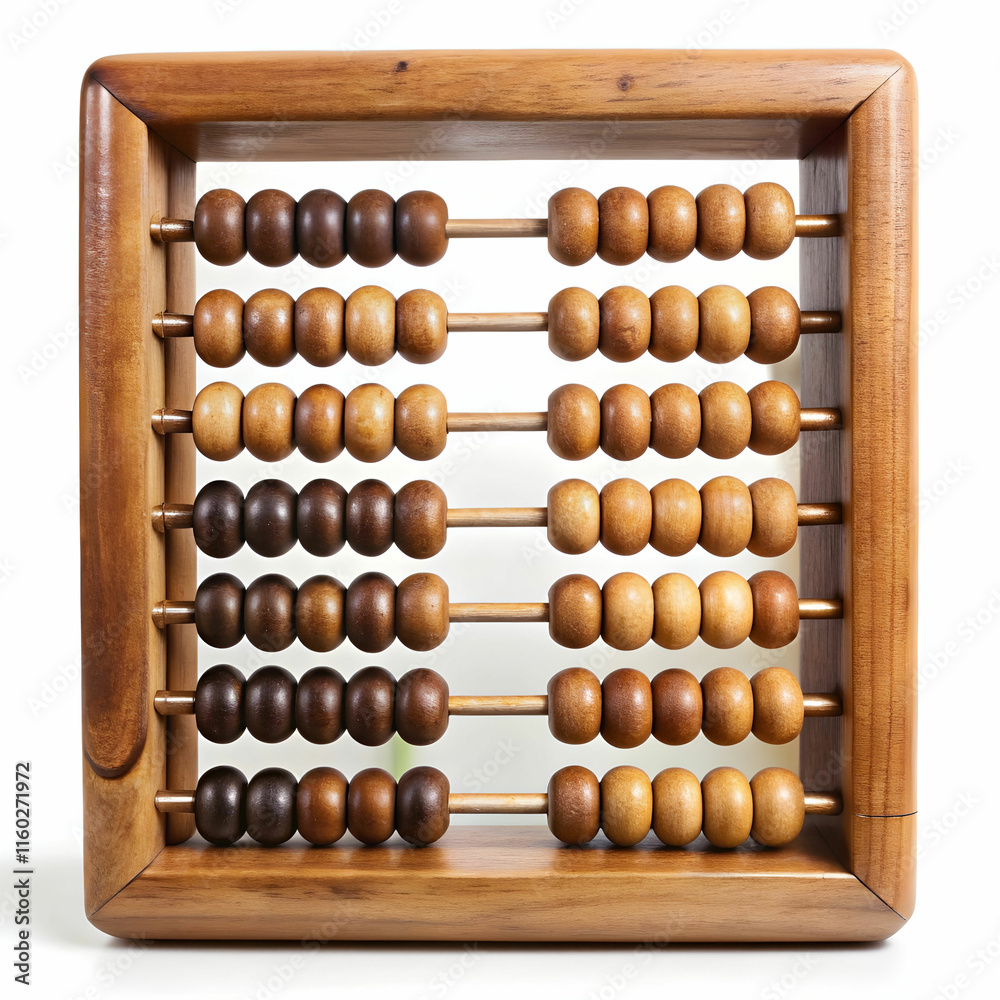 An old wooden abacus with colorful beads, set against a white background, ideal for historical, educational, An old wooden abacus with colorful beads, set against a white background, ideal for historical, educational,