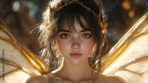 Golden-winged fairy portrait, ethereal beauty.