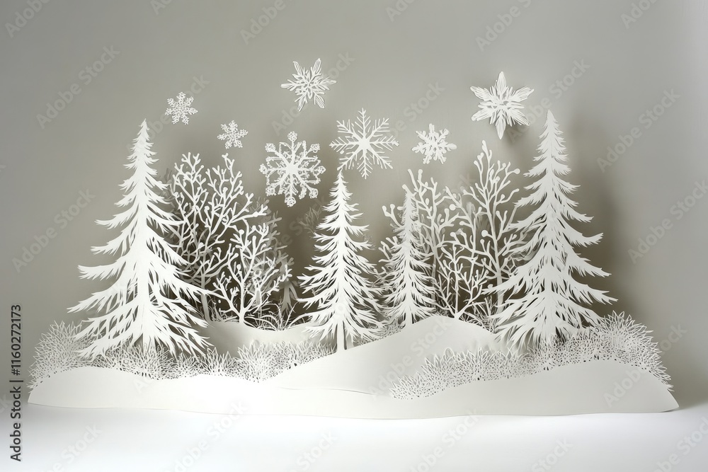 Obraz premium A paper - cut depiction of a snowy forest with intricate snowflakes and pine trees