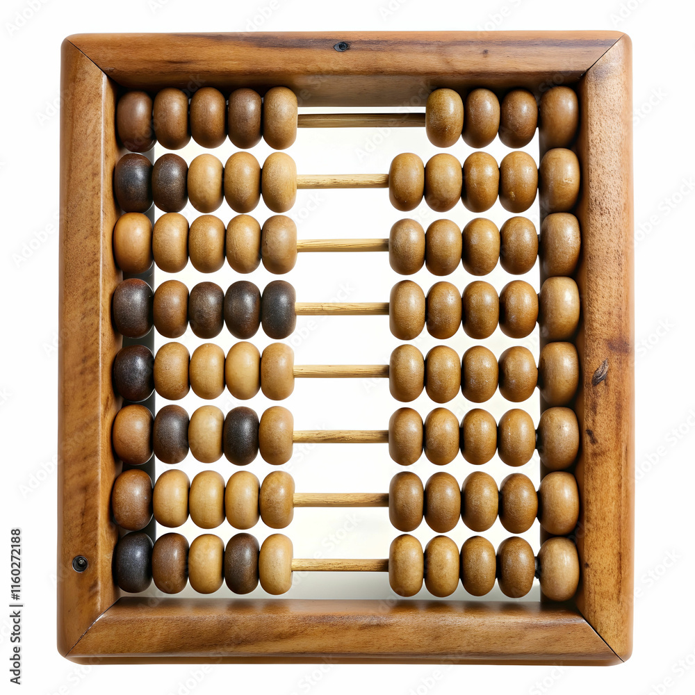 An old wooden abacus with colorful beads, set against a white background, ideal for historical, educational, An old wooden abacus with colorful beads, set against a white background, ideal for historical, educational,